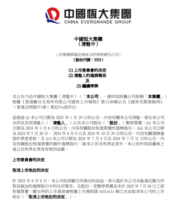 中国恒大：将于8月25日上昼九时起取消上市地位